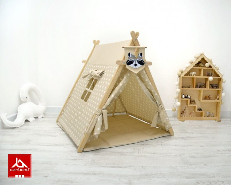 چادر بازی کودک طرح کلبه طرح ستاره با زمینه نسکافه ای - شماره 6