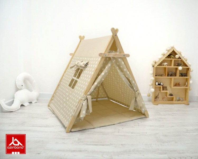 چادر بازی کودک طرح کلبه طرح ستاره با زمینه نسکافه ای - شماره 5