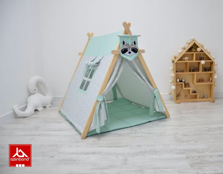 چادر بازی کودک طرح کلبه طرح ستاره با زمینه فیروزه ای - شماره 1