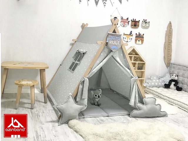 چادر بازی کودک طرح کلبه طرح ستاره با زمینه خاکستری